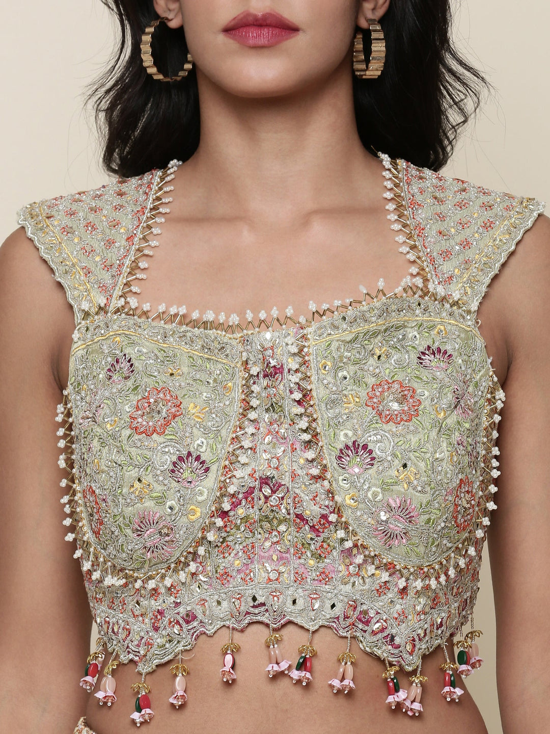 Neerus Green tissue embroidered lehenga set - detail view 1
