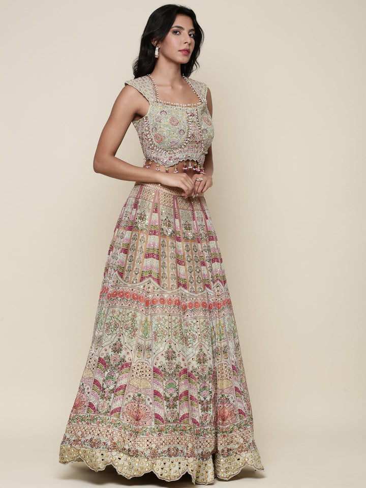 Neerus Green tissue embroidered lehenga set - back view