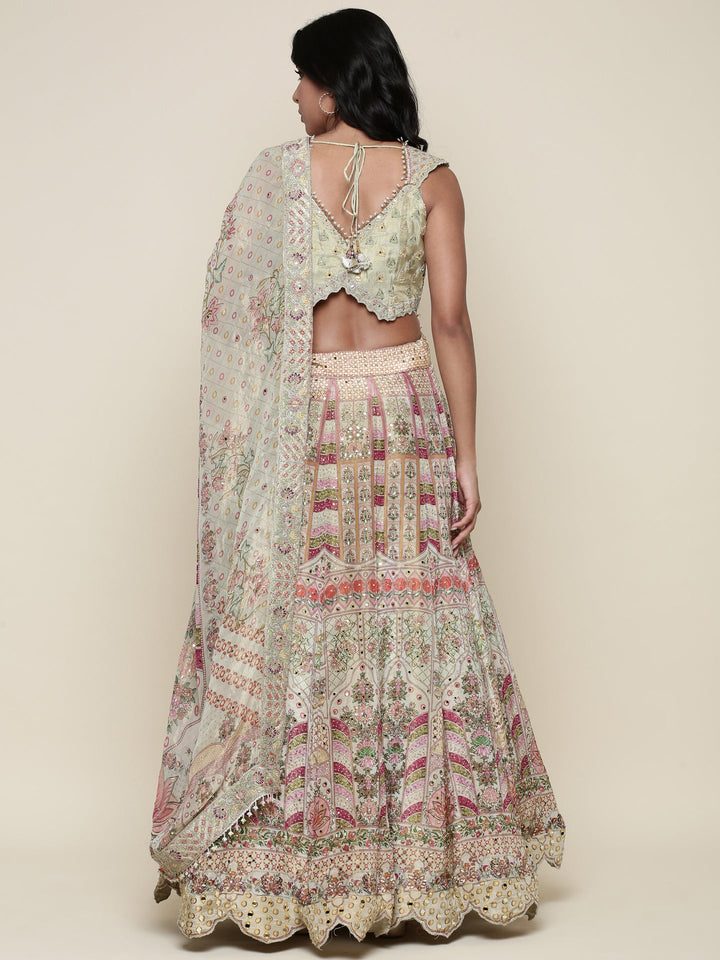 Pista Green Tissue digital printed embroidered ghagra set