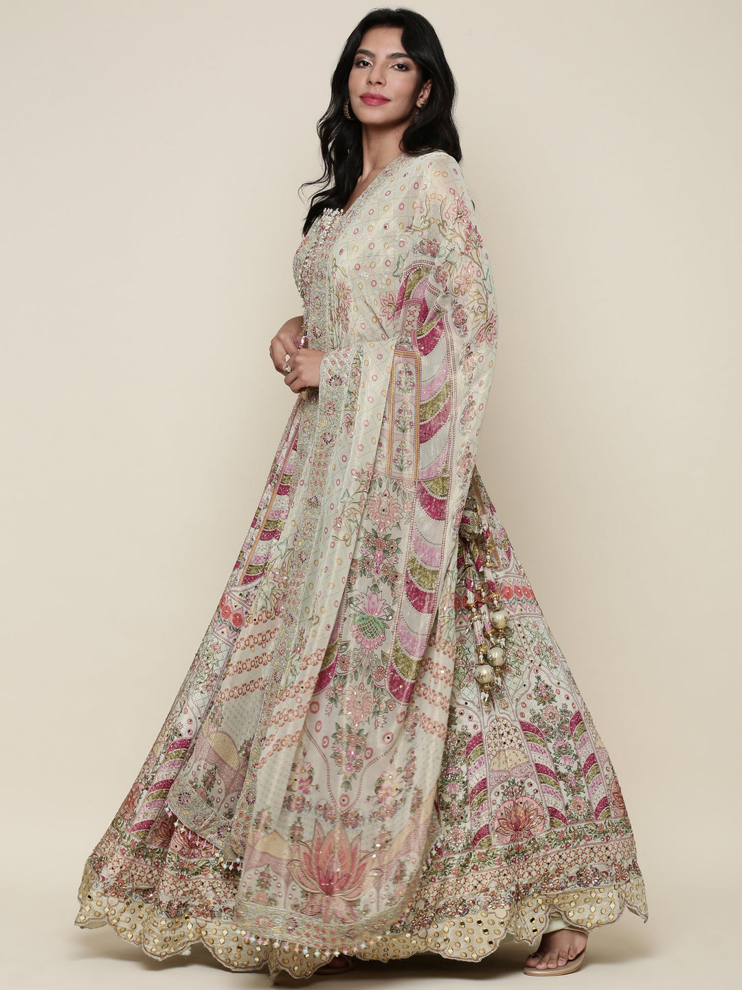 Neerus Green tissue embroidered lehenga set - front view