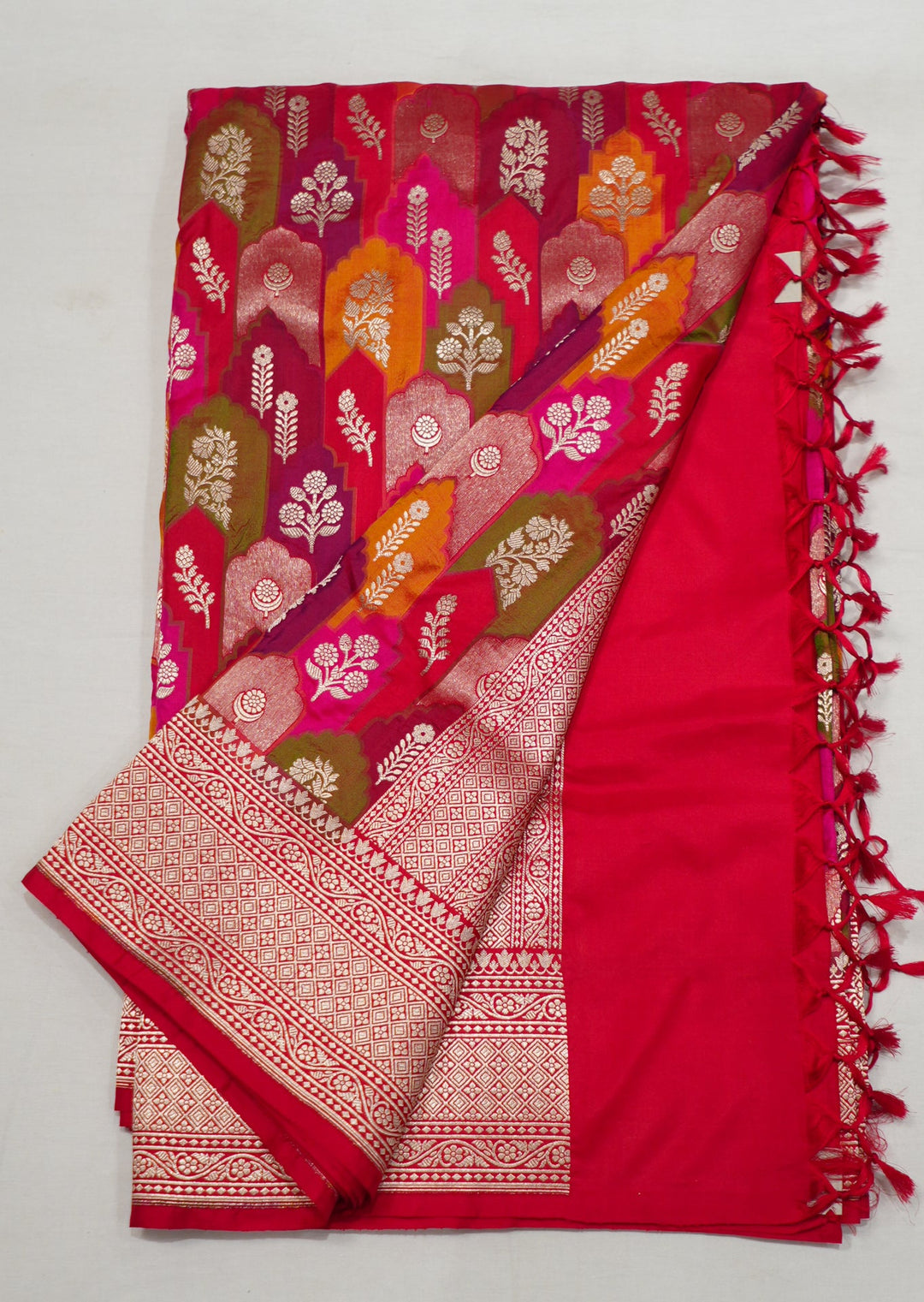 Neerus Red Banarasi silk woven saree - side view