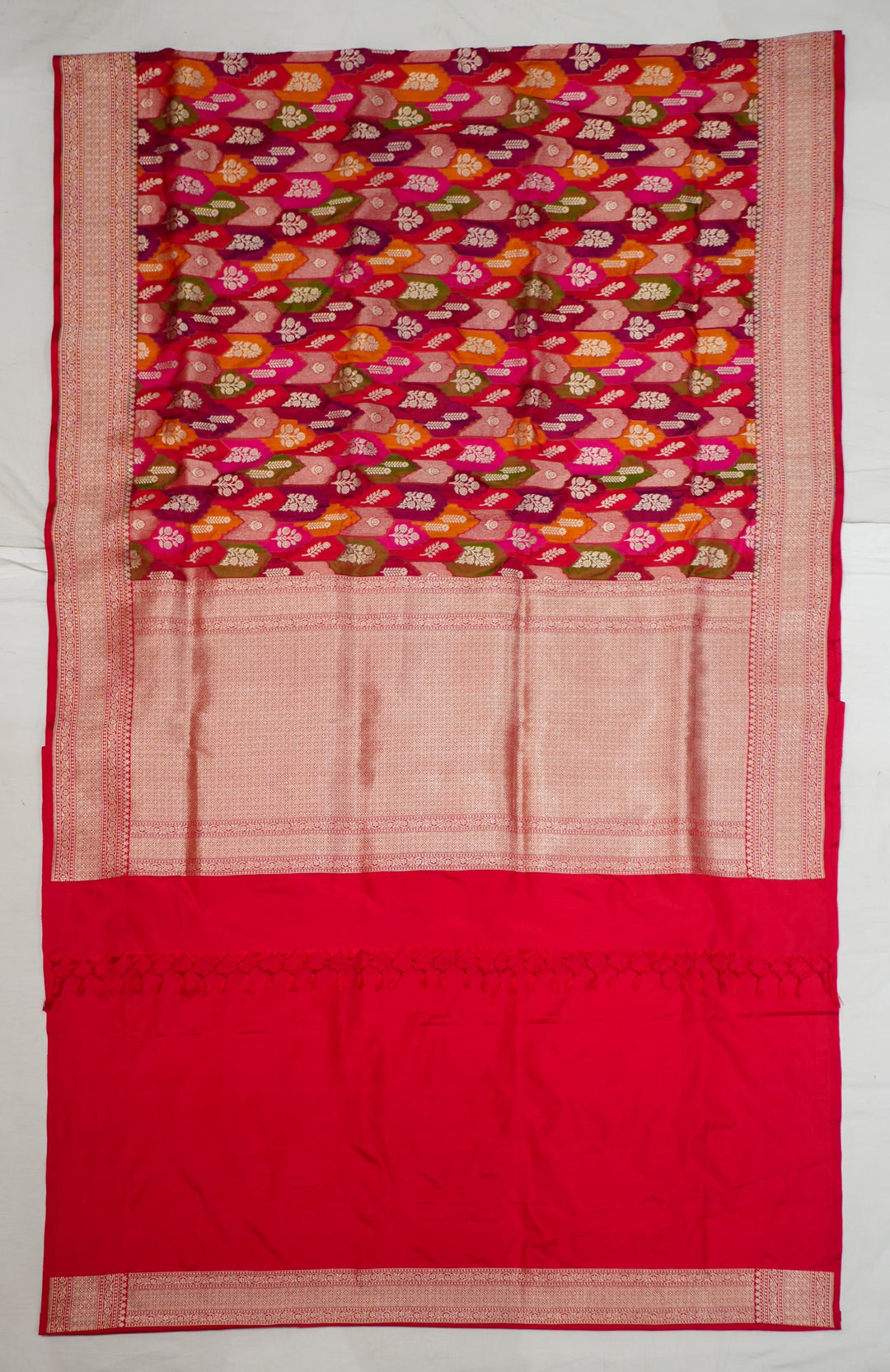 Neerus Red Banarasi silk woven saree - front view