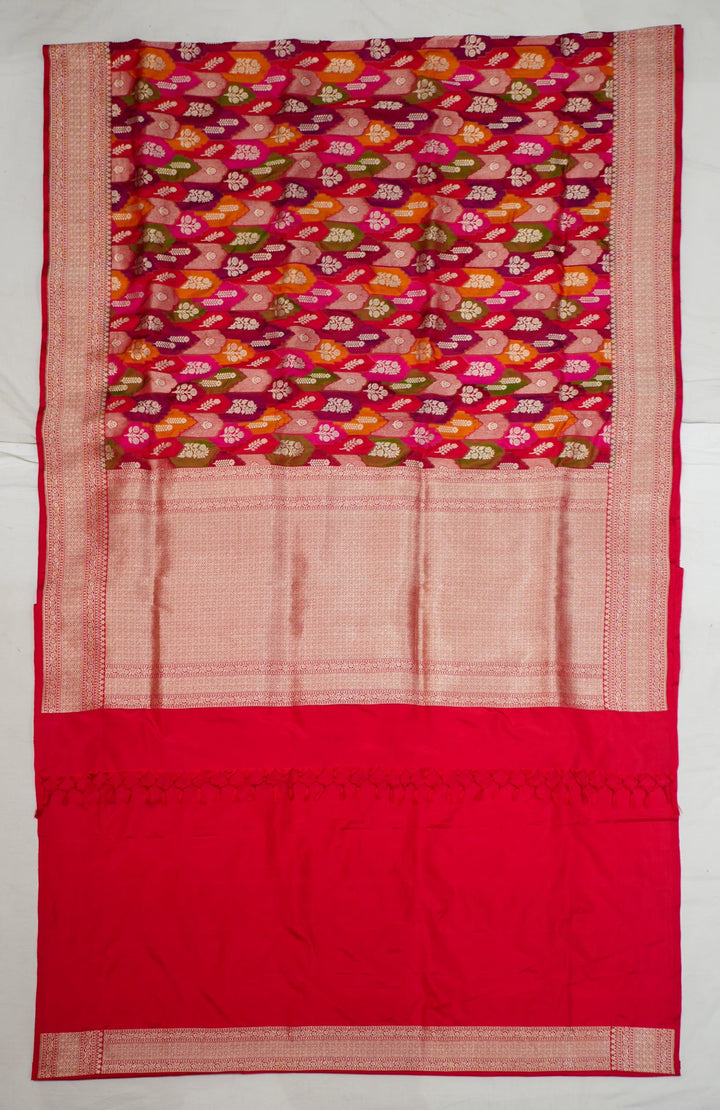 Neerus Red Banarasi silk woven saree - front view