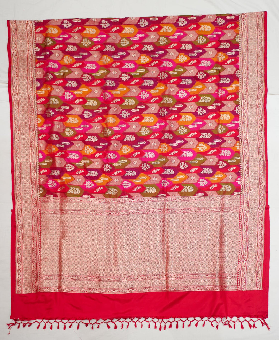 Neerus Red Banarasi silk woven saree - back view