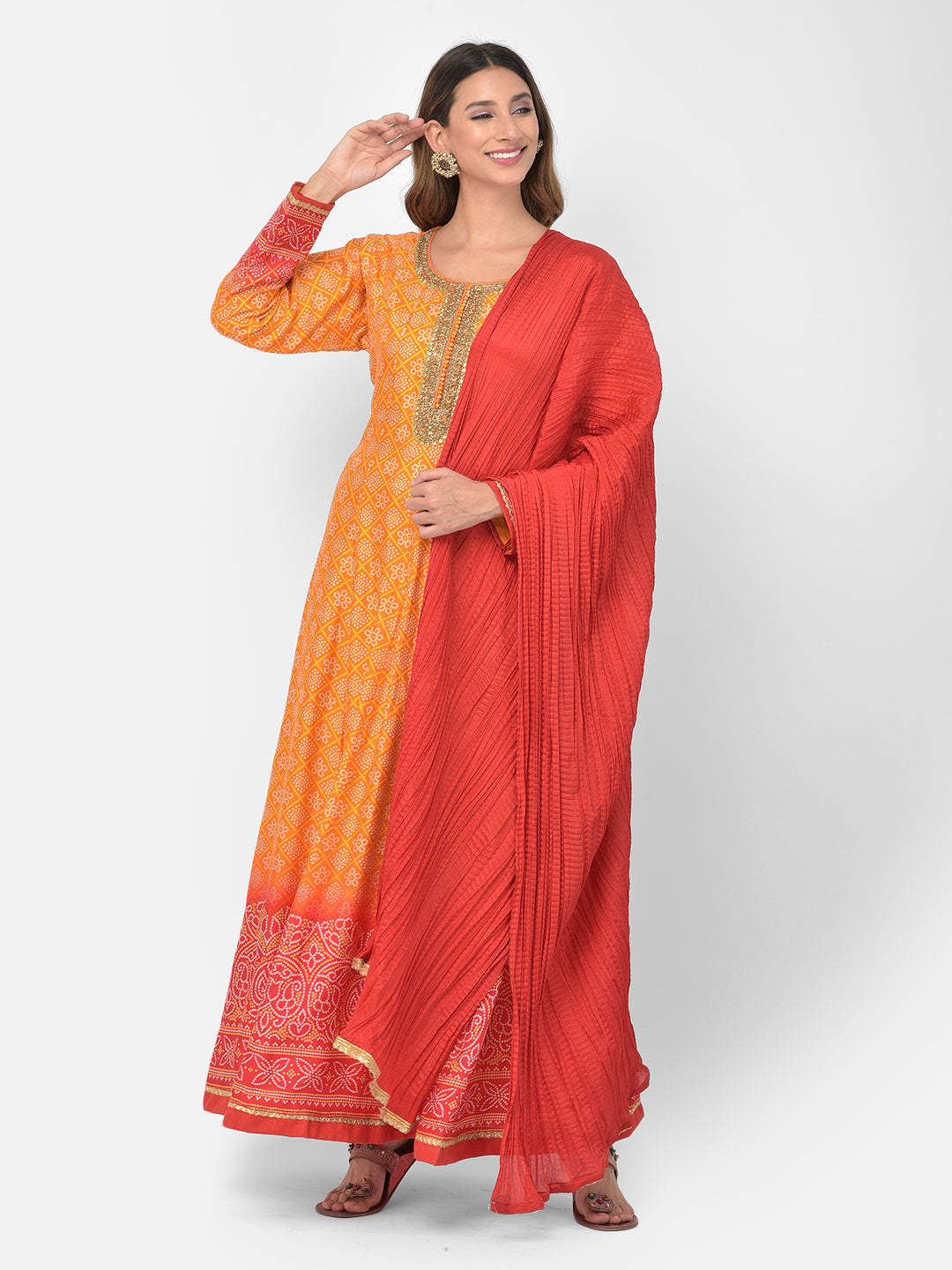 Neerus Yellow silk embellished Anarkali set - back view