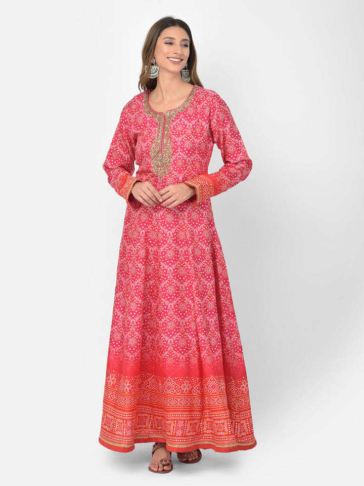 Neerus Pink silk embellished Anarkali kurta set - front view