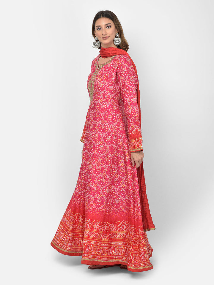 Neerus Pink silk embellished Anarkali kurta set - side view