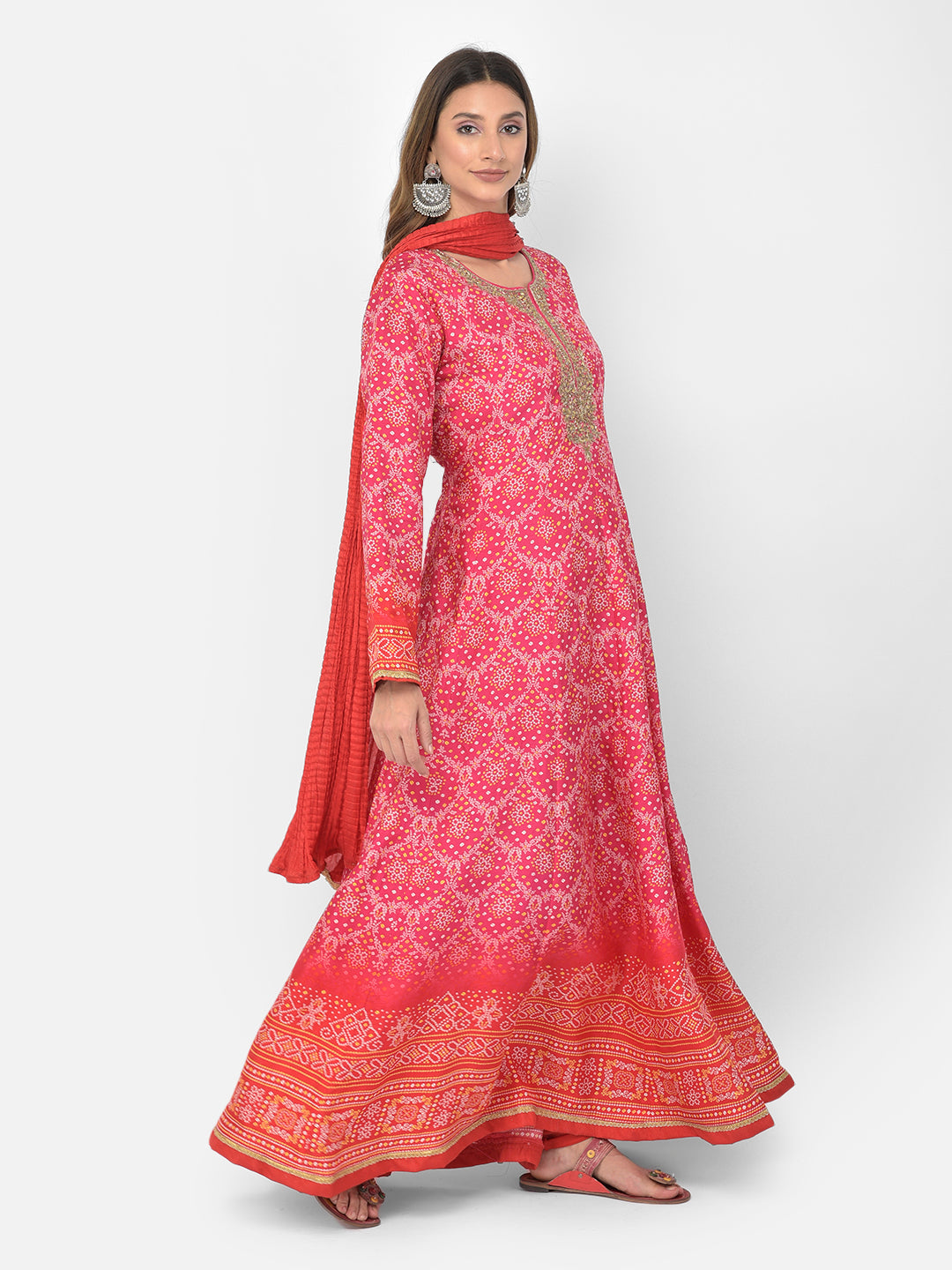 Neerus Pink silk embellished Anarkali kurta set - detail view 1