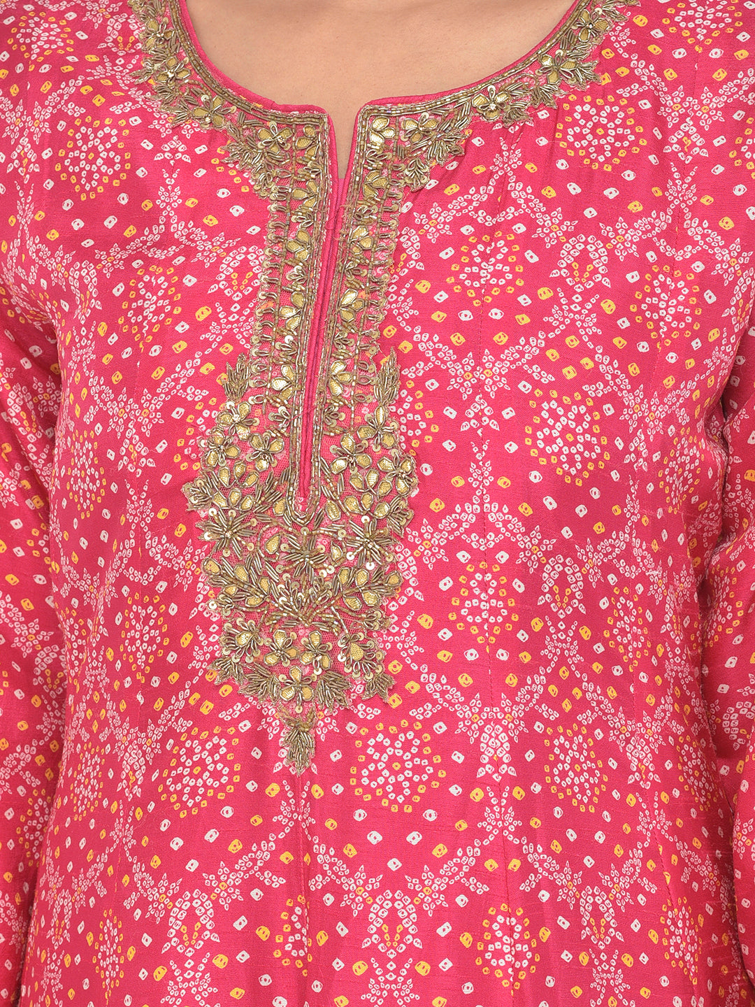 Neerus Pink silk embellished Anarkali kurta set - detail view 5
