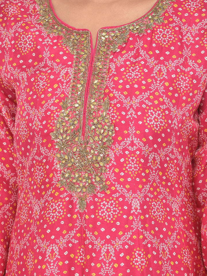 Neerus Pink silk embellished Anarkali kurta set - detail view 13
