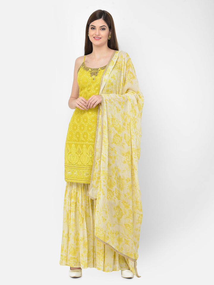 Neerus Green georgette printed sharara set - front view