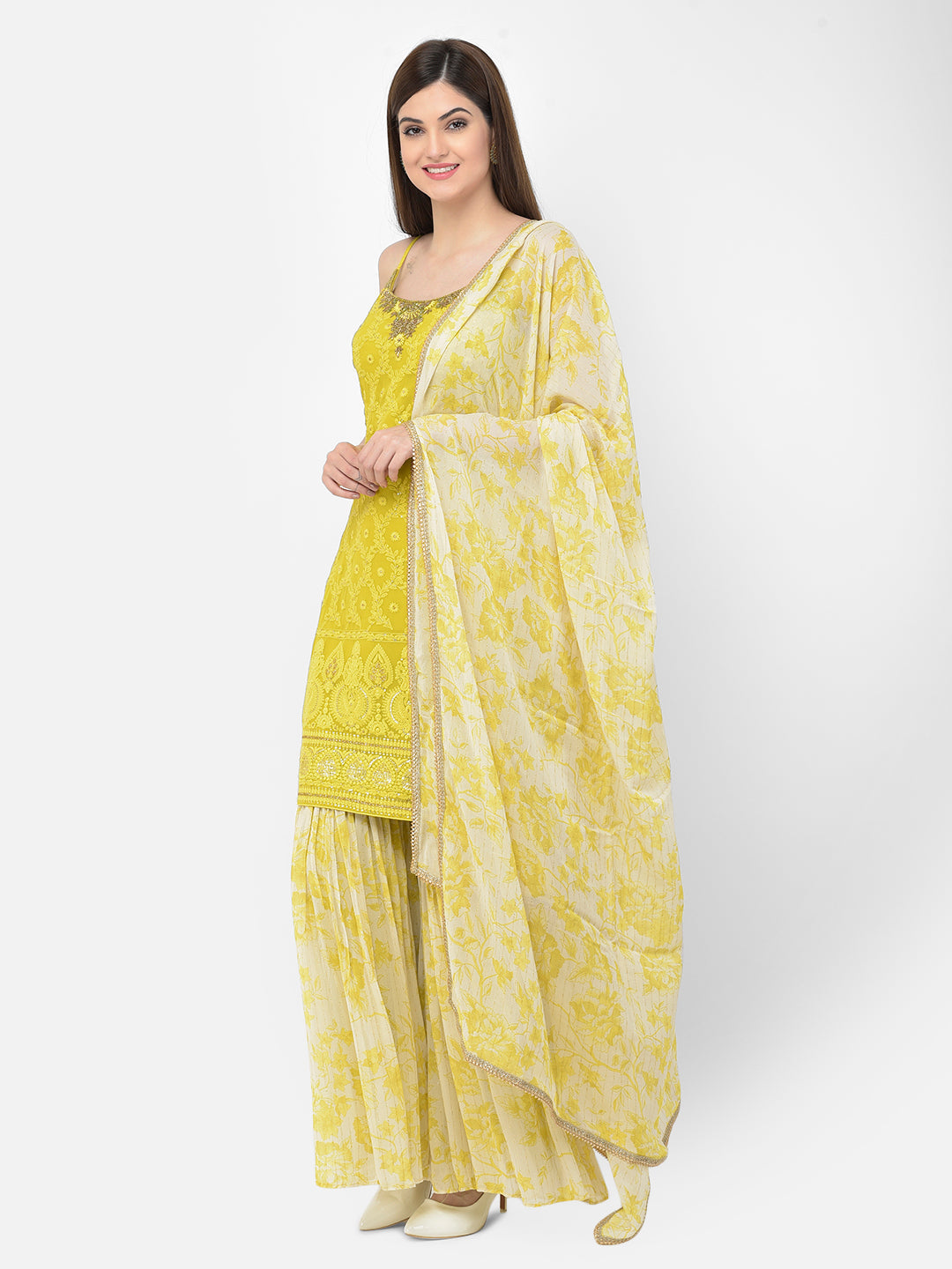 Neerus Green georgette printed sharara set - back view