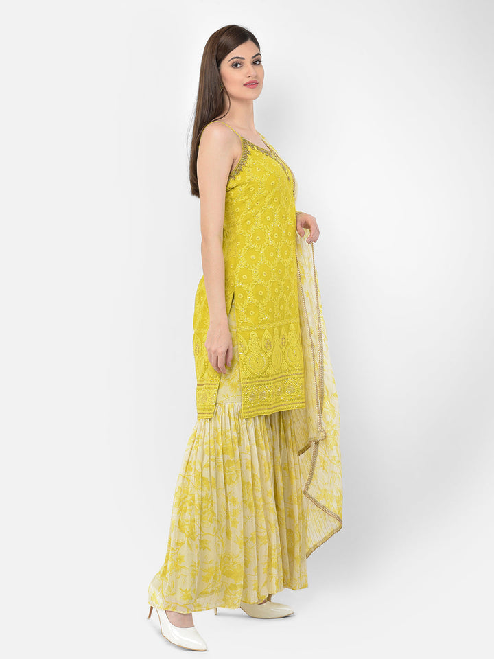 Neerus Green georgette printed sharara set - side view