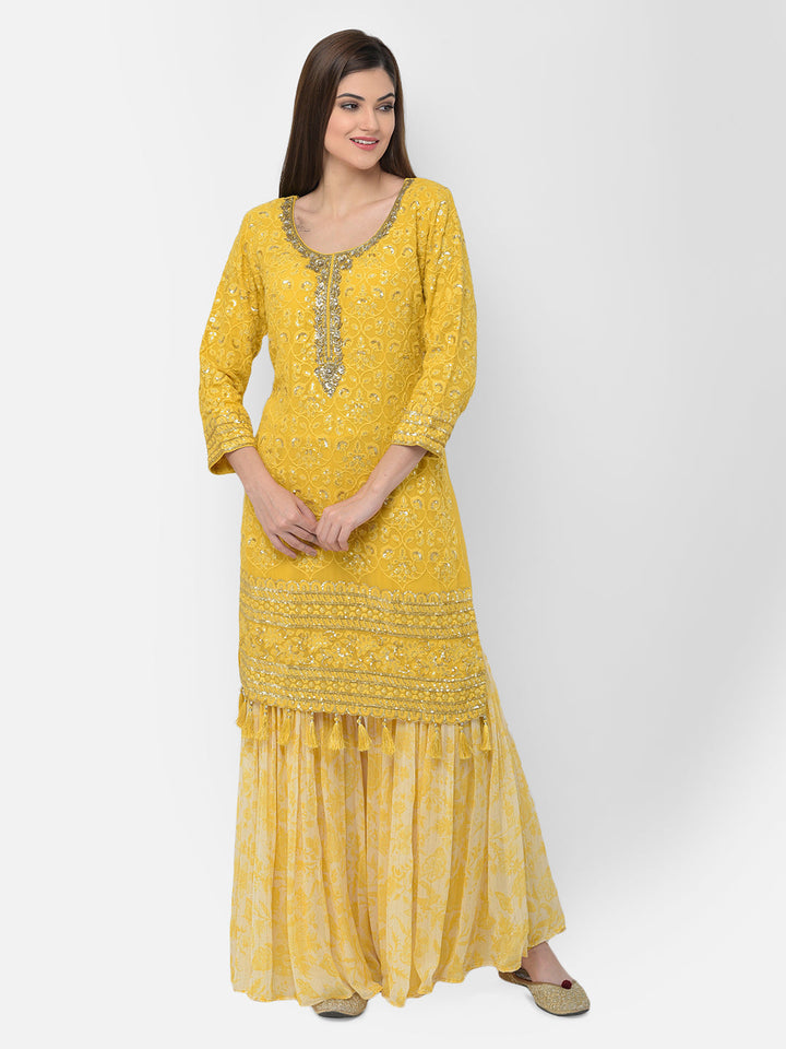 Neerus Yellow georgette embroidered sharara set - detail view 7