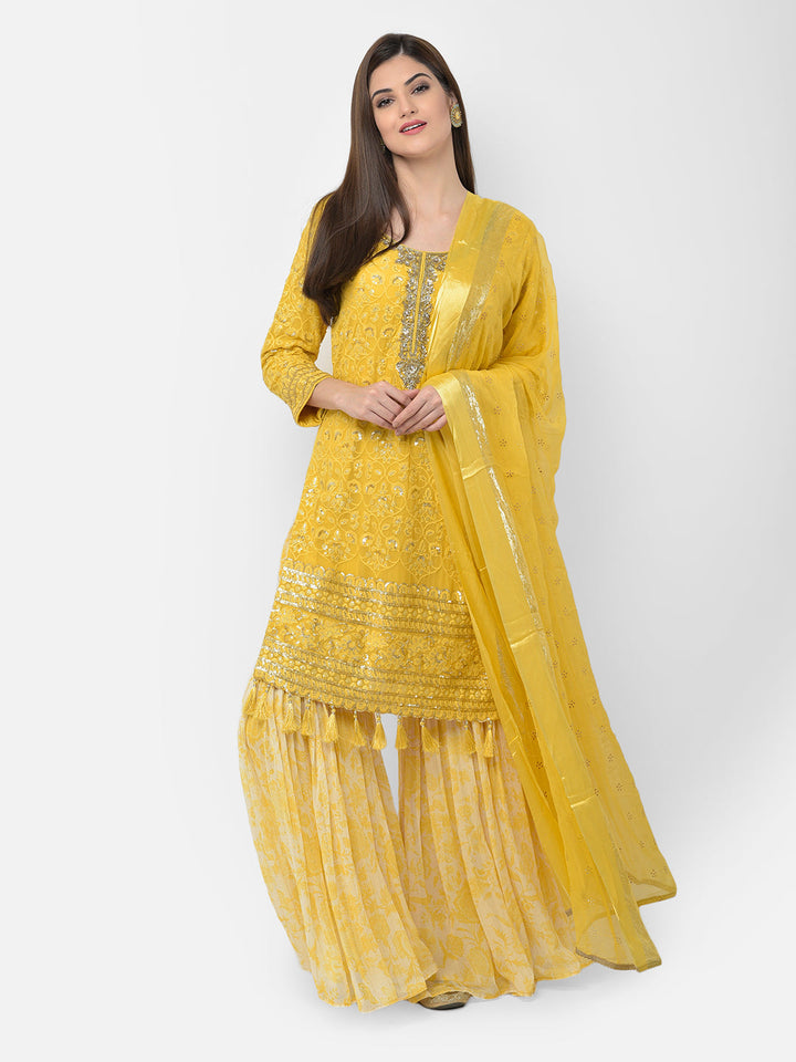 Neerus Yellow georgette embroidered sharara set - front view