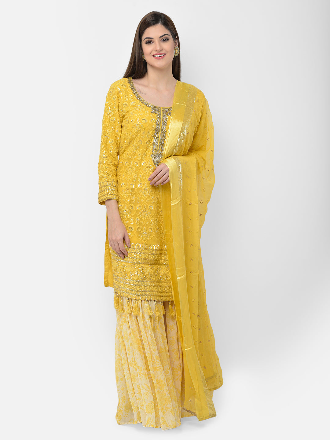 Neerus Yellow georgette embroidered sharara set - back view