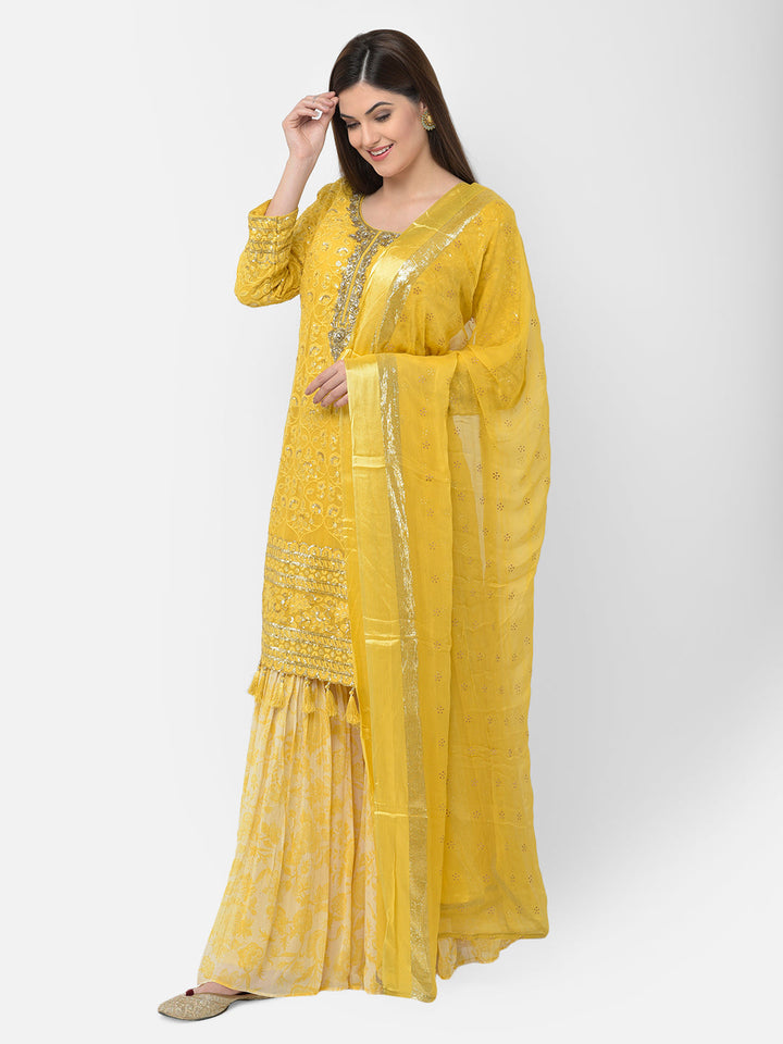 Neerus Yellow georgette embroidered sharara set - side view