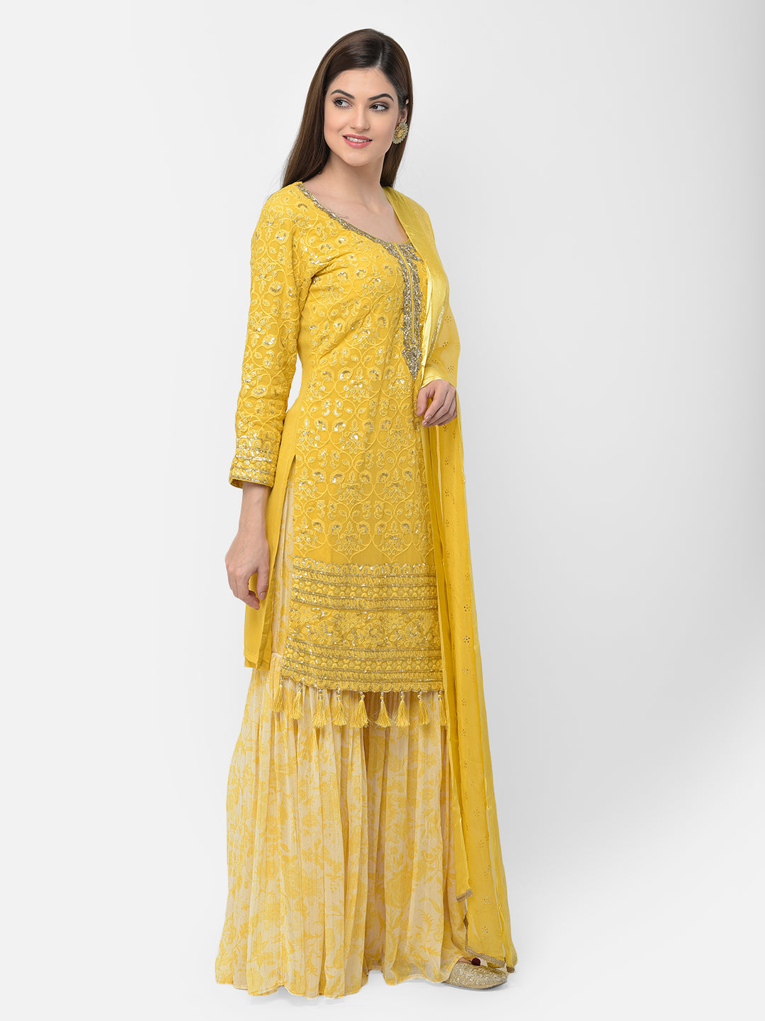 Neerus Yellow georgette embroidered sharara set - detail view 1