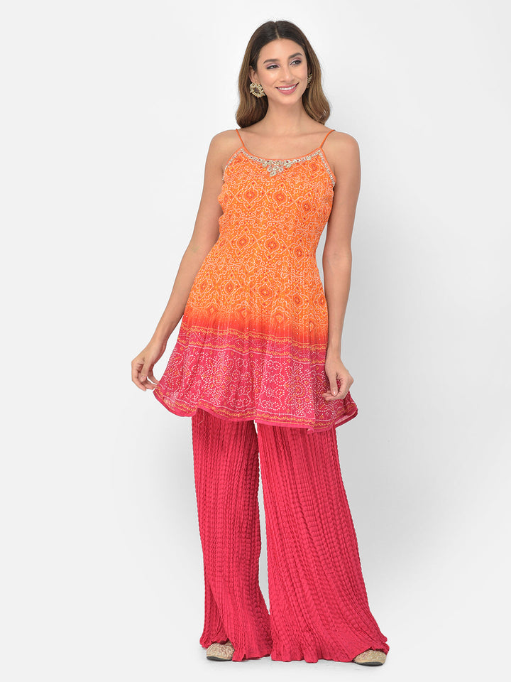 Neerus Orange silk Bandhani embellished kurta set - front view