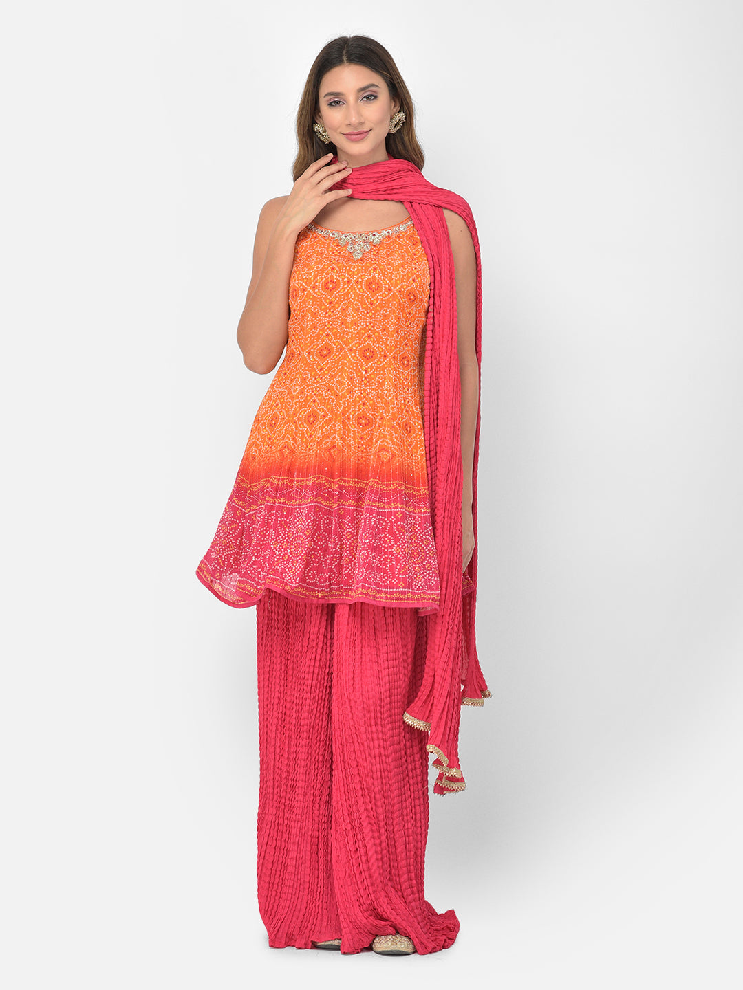 Neerus Orange silk Bandhani embellished kurta set - detail view 15