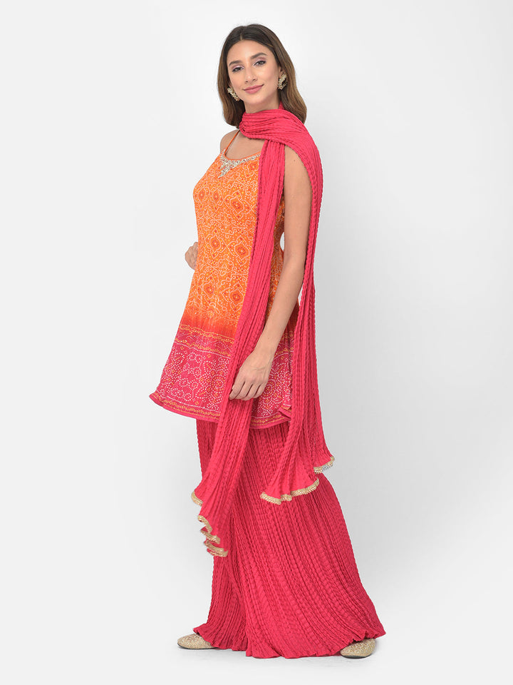 Neerus Orange silk Bandhani embellished kurta set - detail view 8