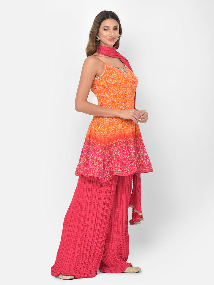 Neerus Orange silk Bandhani embellished kurta set - detail view 9