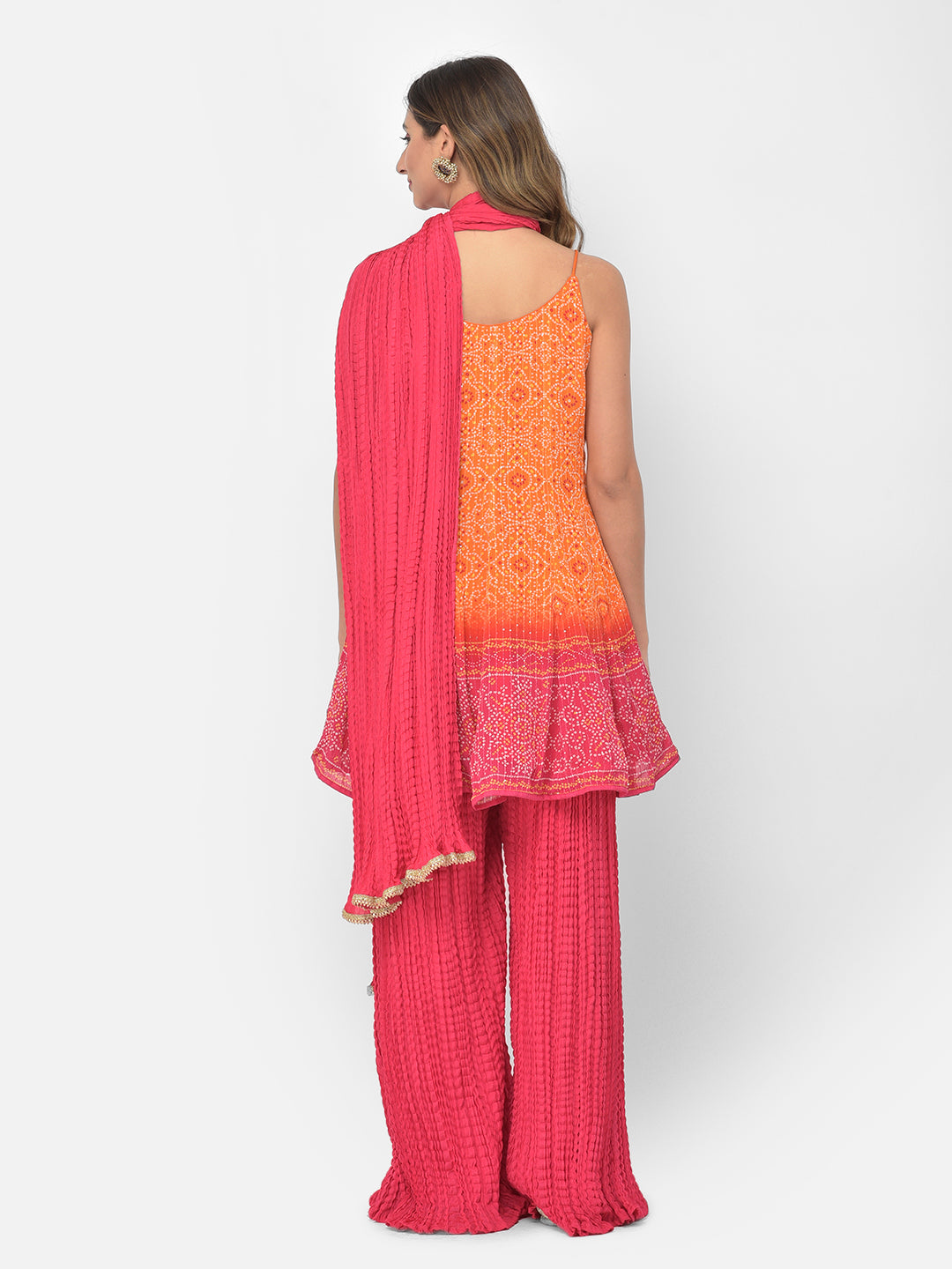 Neerus Orange silk Bandhani embellished kurta set - detail view 2