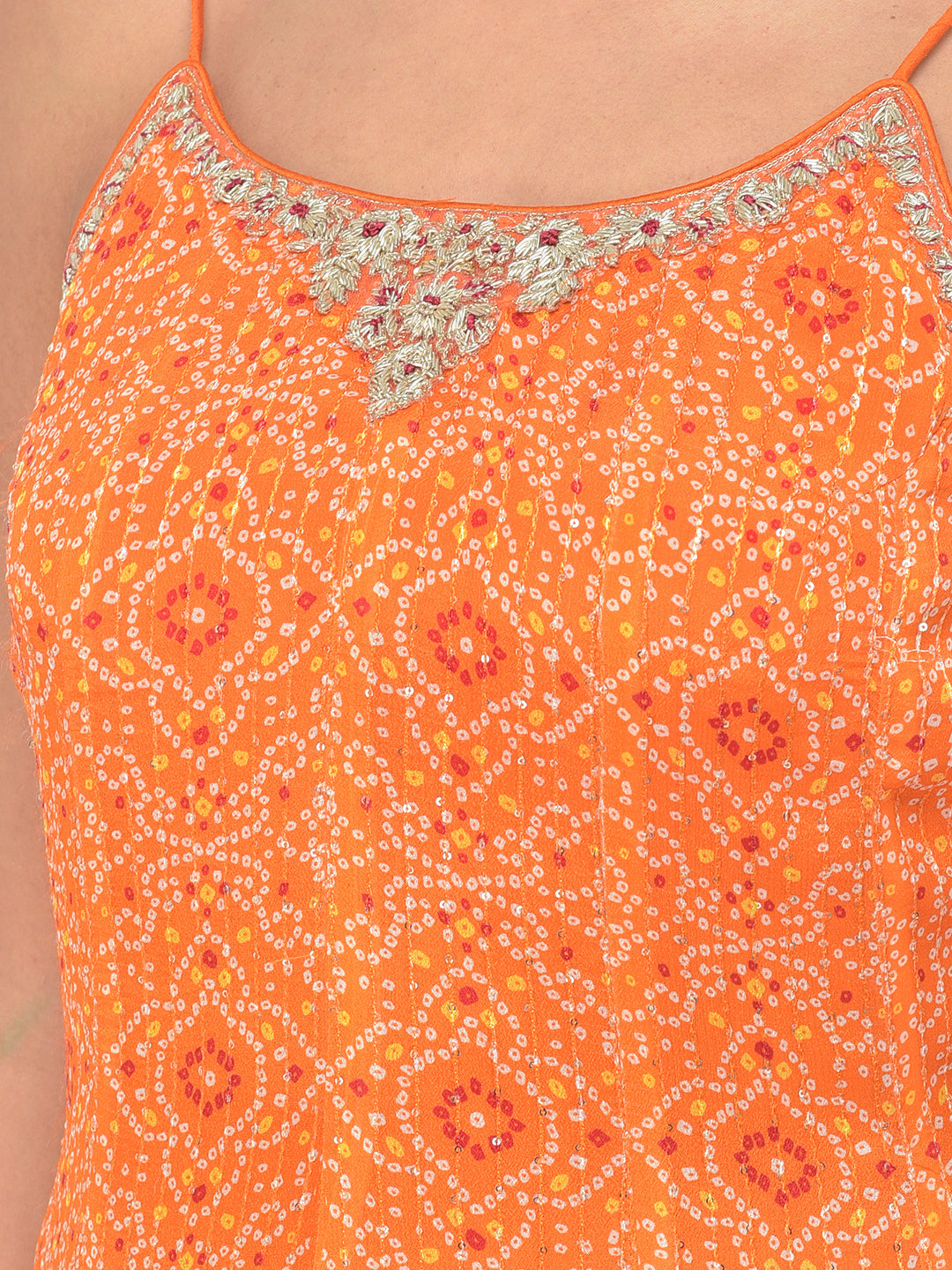 Neerus Orange silk Bandhani embellished kurta set - detail view 4