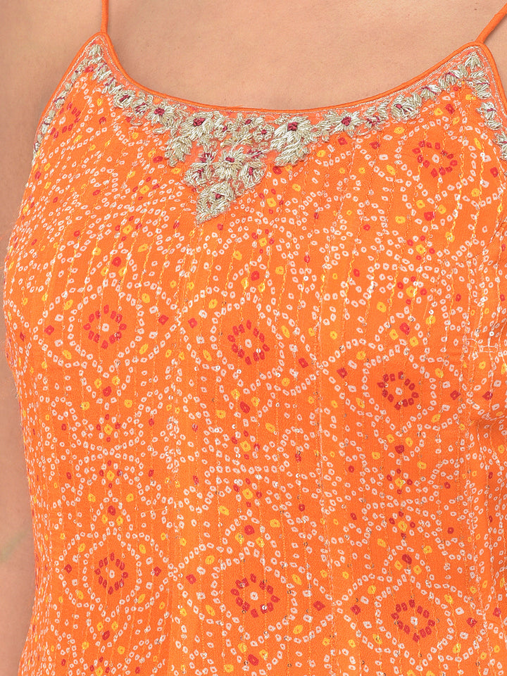 Neerus Orange silk Bandhani embellished kurta set - detail view 4