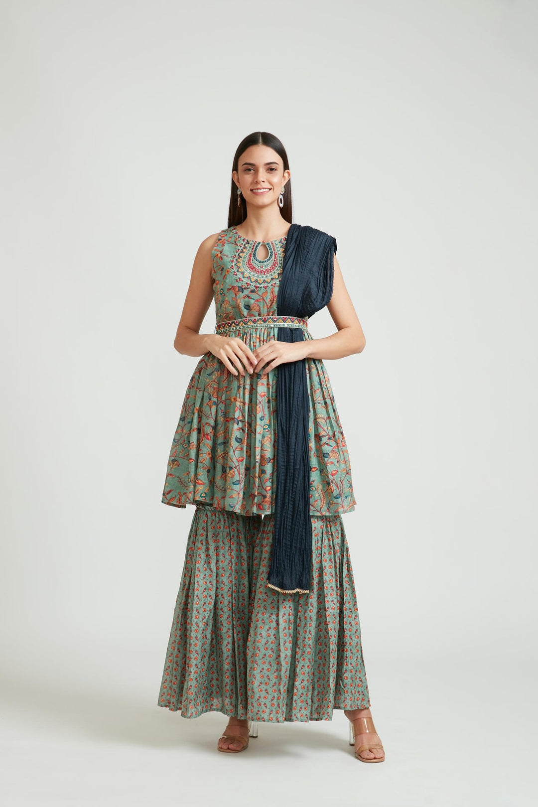 Neerus Green silk embroidered Anarkali suit set - front view