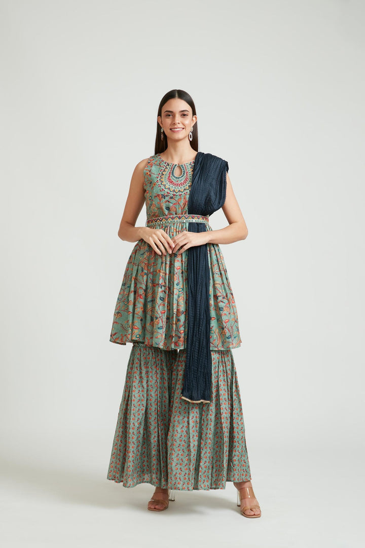 Neerus Green silk embroidered Anarkali suit set - front view