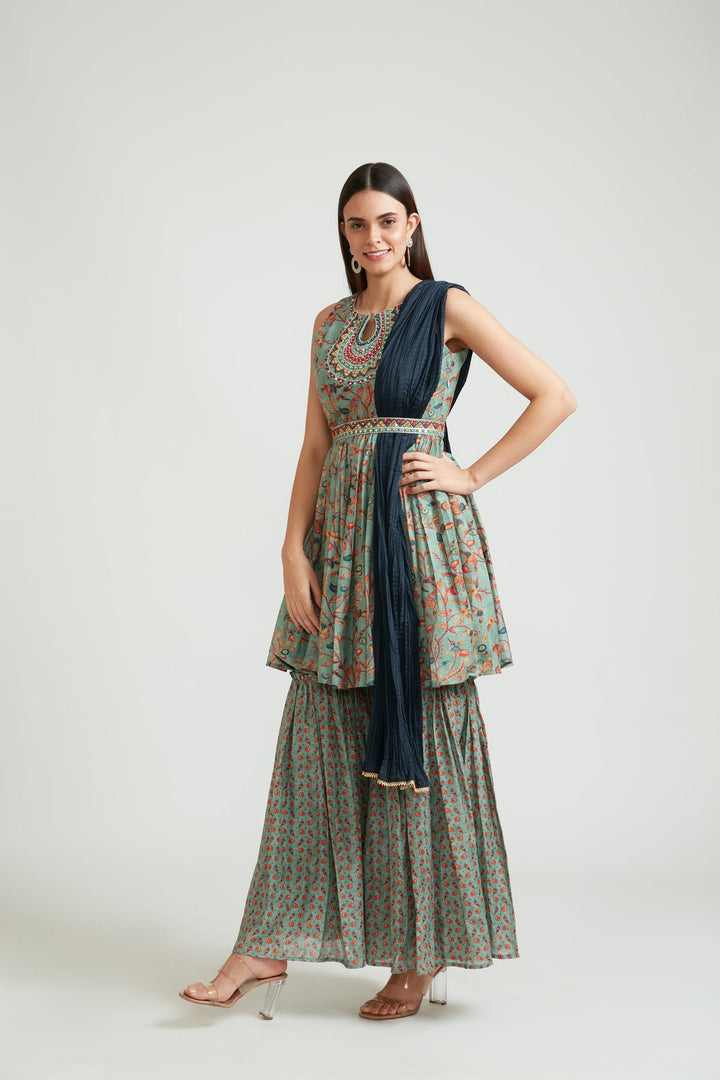 Neerus Green silk embroidered Anarkali suit set - back view