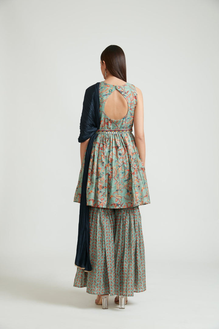 Neerus Green silk embroidered Anarkali suit set - side view