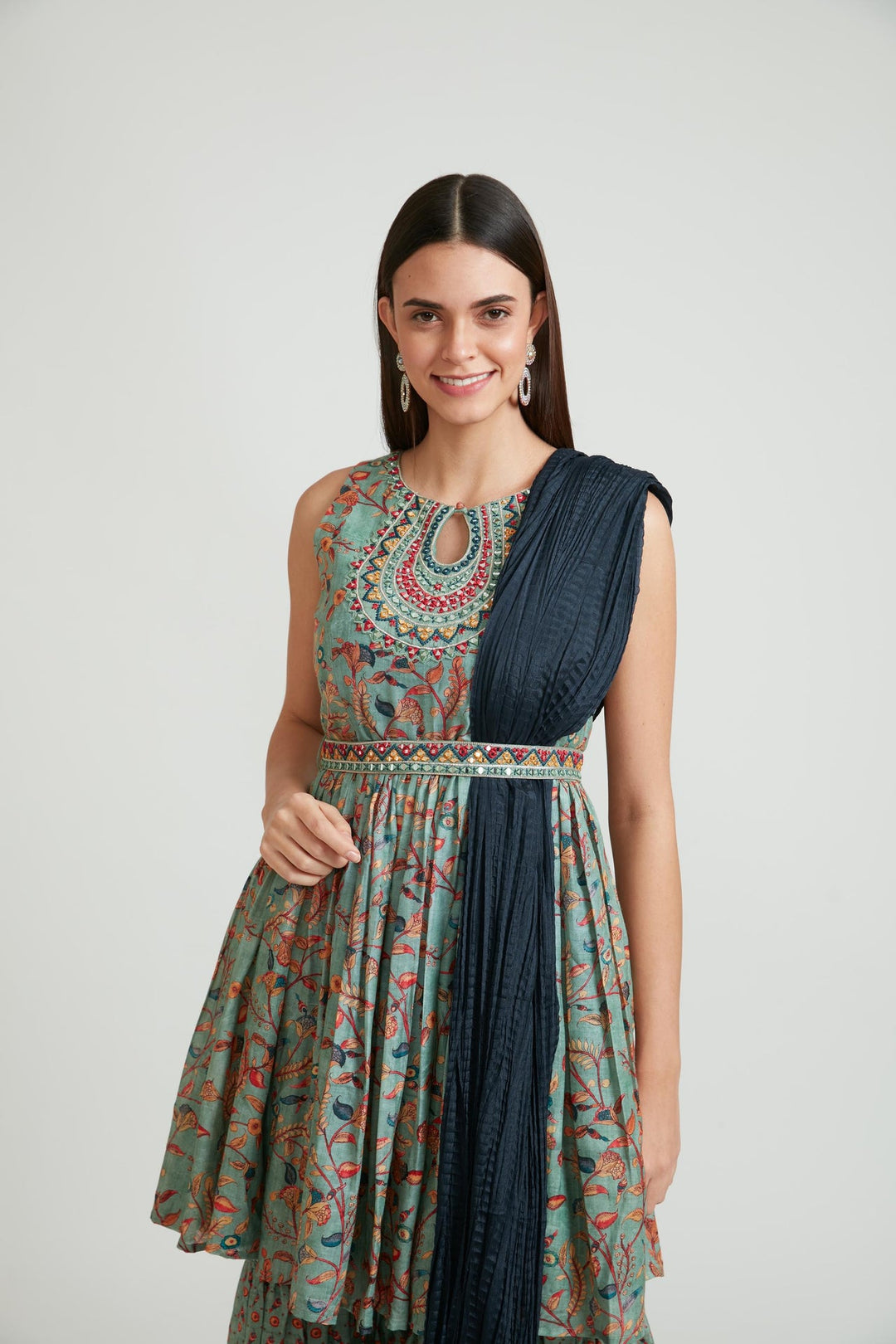 Neerus Green silk embroidered Anarkali suit set - detail view 4