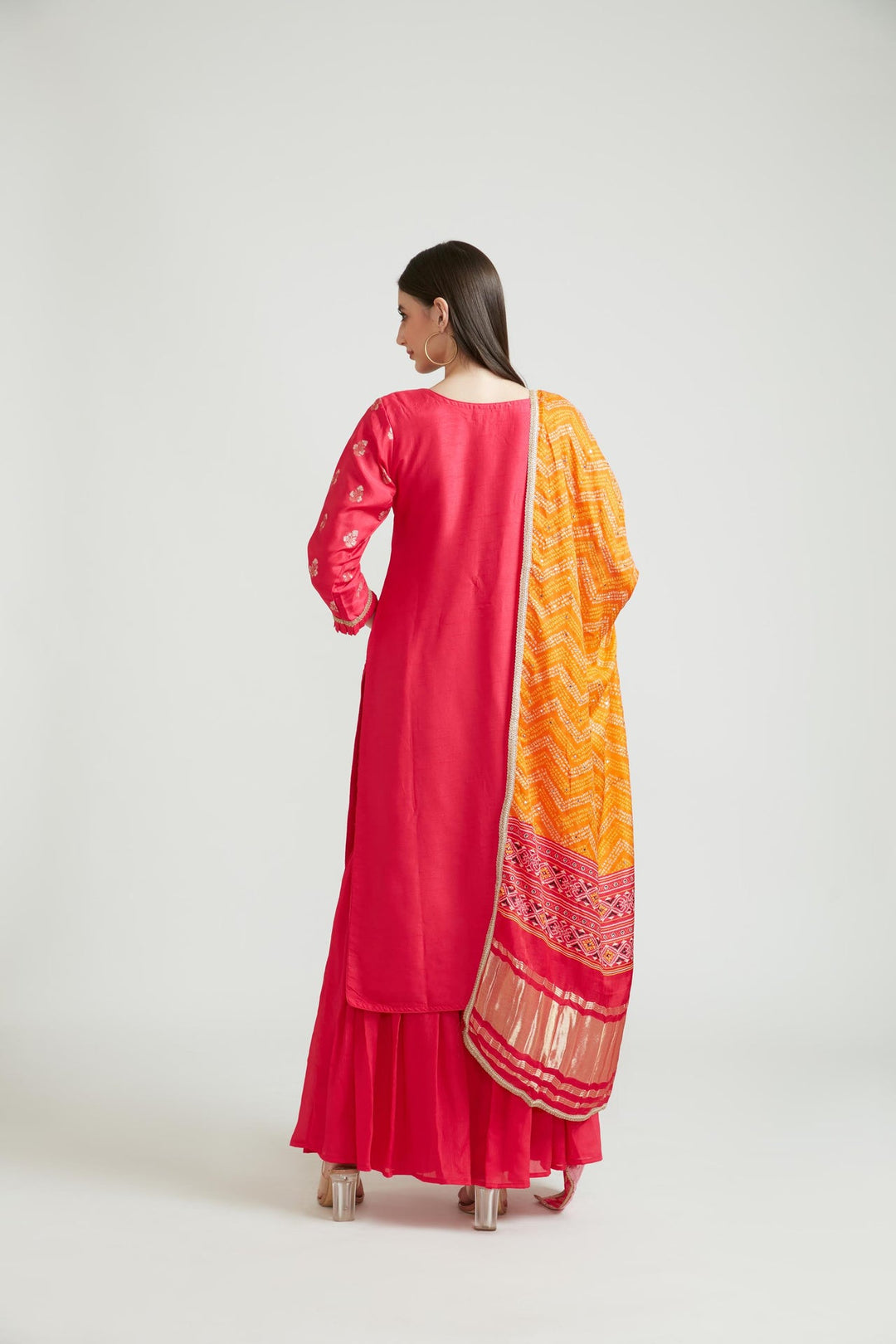Neerus Pink Banarasi woven anarkali suit set - side view