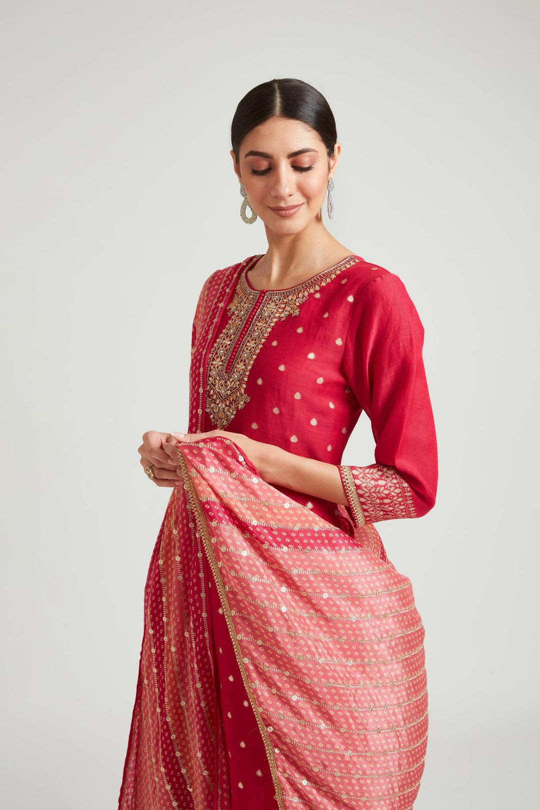 Neerus Pink Banarasi woven suit set - front view