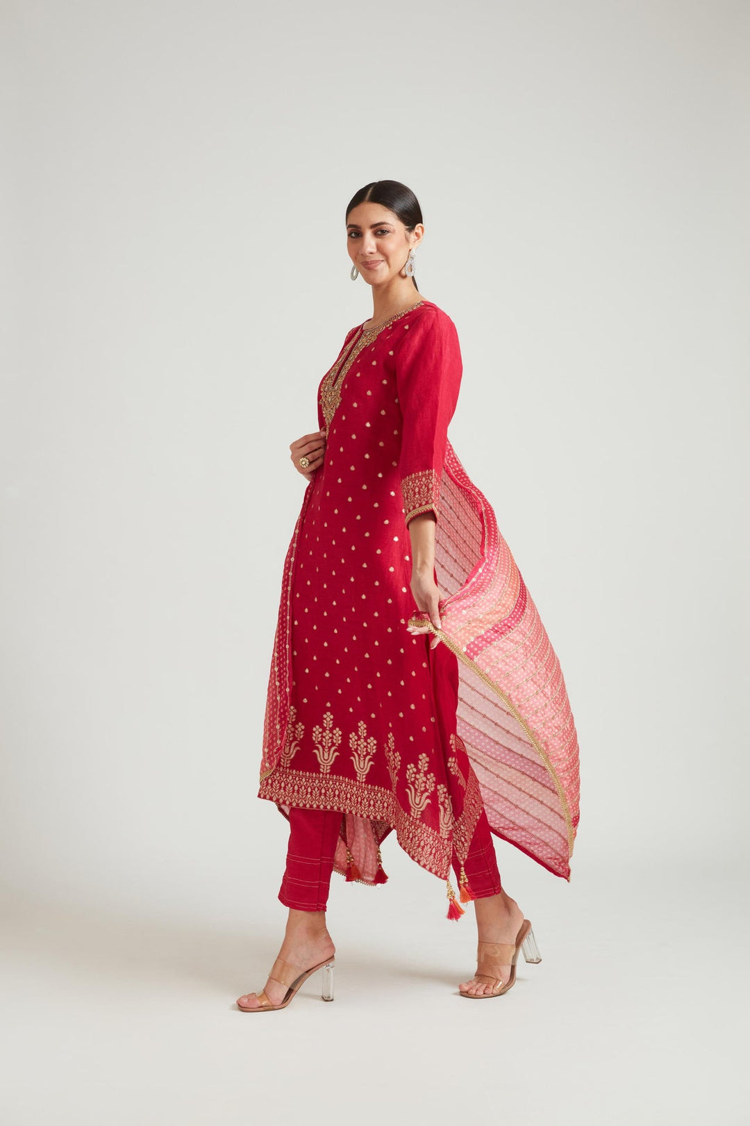 Neerus Pink Banarasi woven suit set - side view