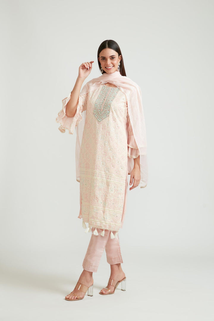 Neerus Pink georgette embroidered kurta set - front view