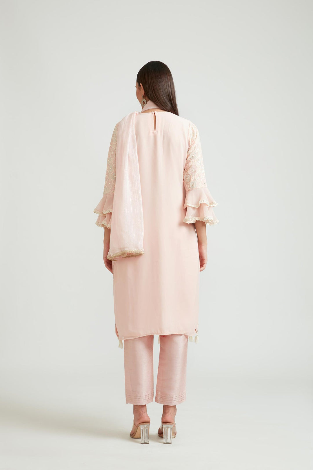 Neerus Pink georgette embroidered kurta set - back view