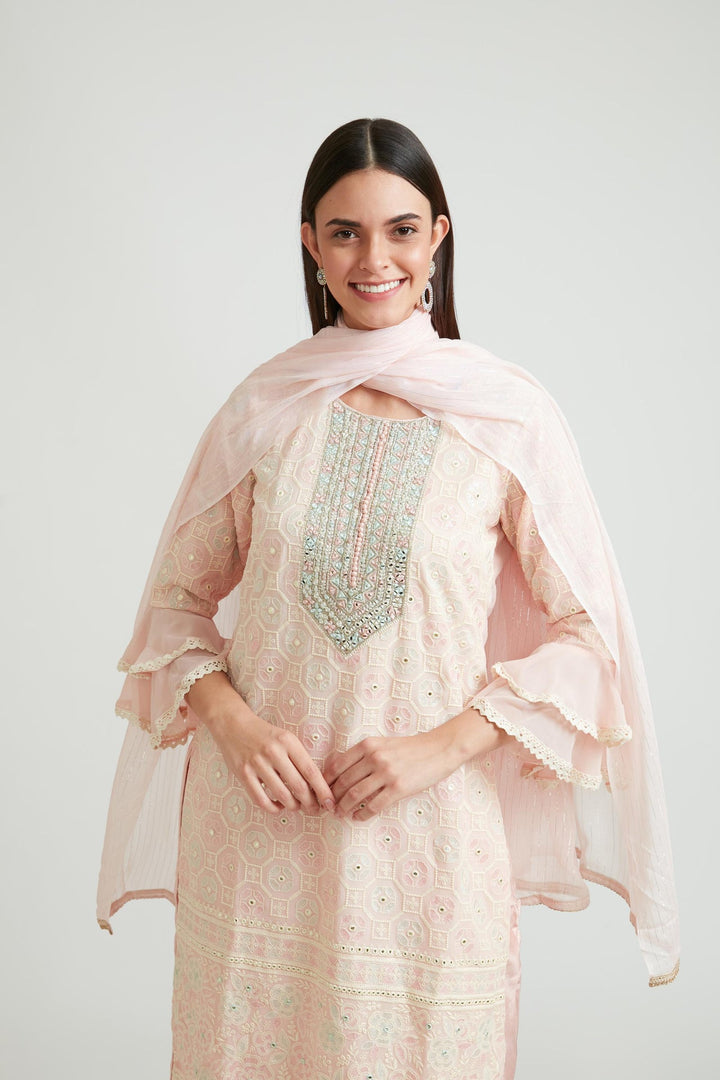 Neerus Pink georgette embroidered kurta set - detail view 3