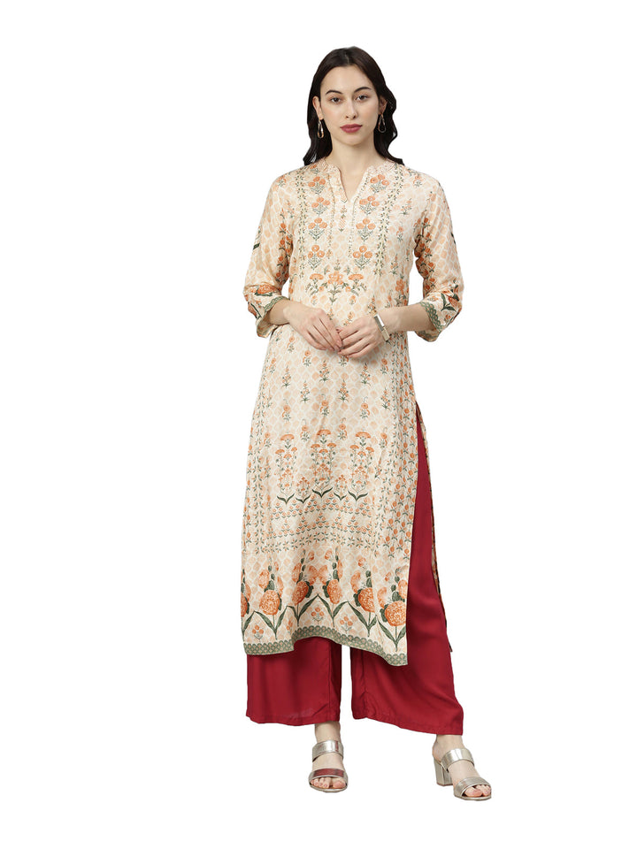 Neerus Beige shantoon printed floral kurti - front view