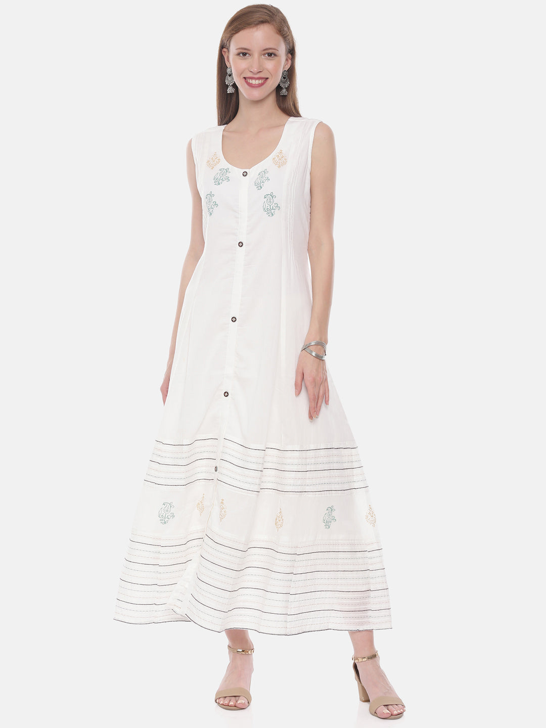 Neerus White embroidered anarkali kurti - front view