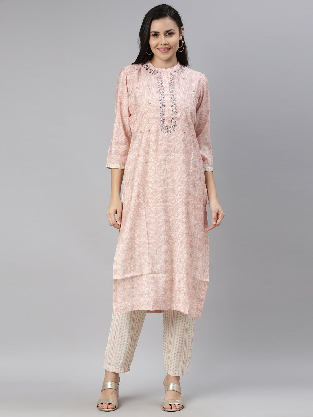 Neerus Pink printed mirror work kurta set - front view