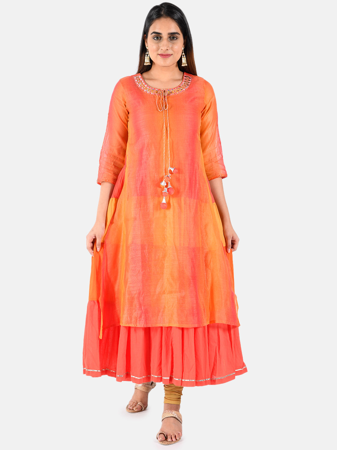 Neerus Orange Chanderi A-line layered kurti - front view