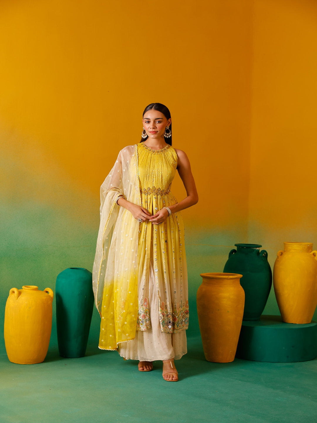 Neerus Yellow Chinon Embellished Anarkali Suit Set - front view