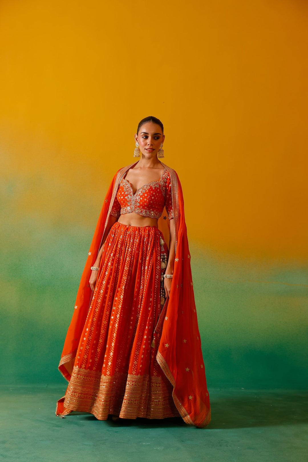 Neerus Orange Georgette Embroidered Lehenga Set - detail view 3