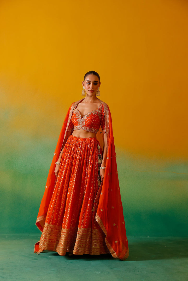 Neerus Orange Georgette Embroidered Lehenga Set - detail view 3
