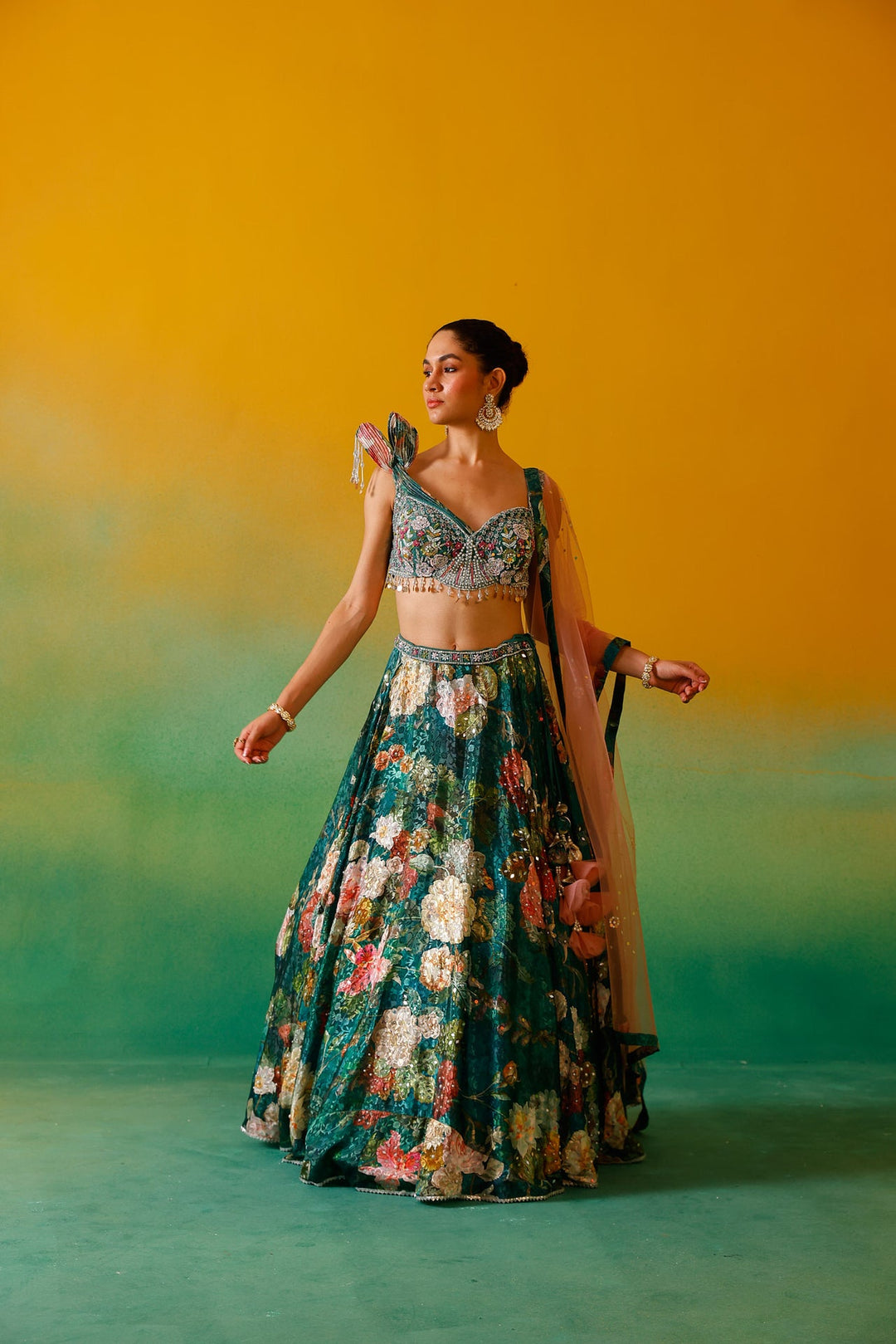 Neerus Green satin embroidered lehenga set - detail view 7
