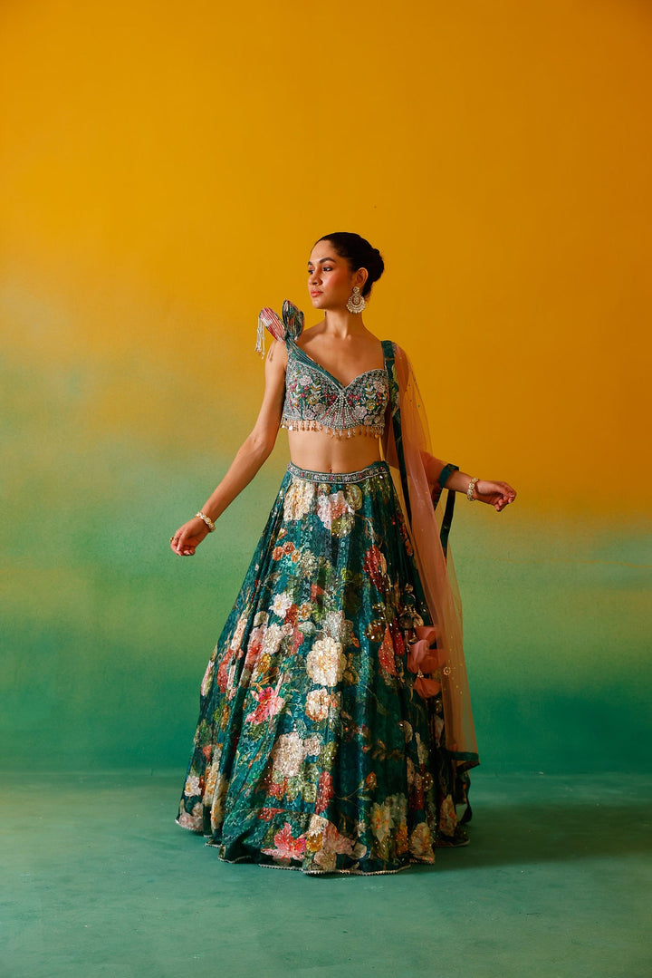 Neerus Green satin embroidered lehenga set - detail view 7