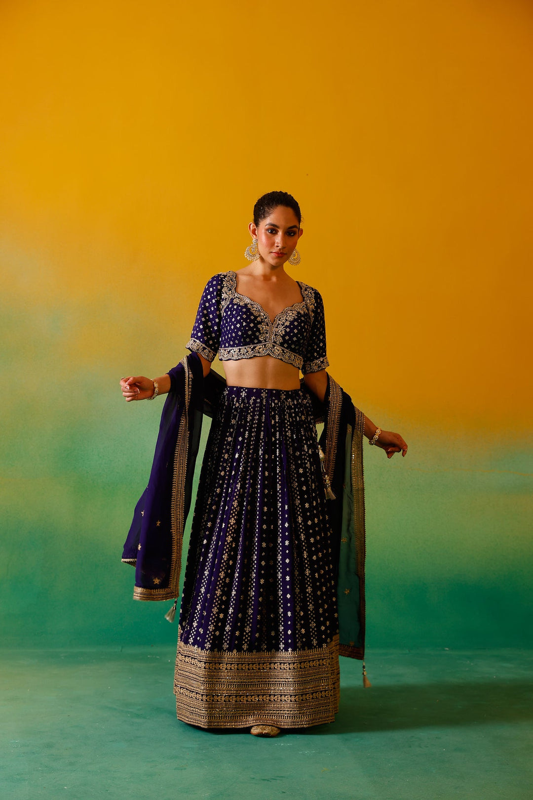 Neerus Purple Georgette Embroidered Lehenga Set - detail view 5